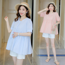 Pregnancy Woman Dress Summer Clothing Suit Fashion style Summer Korean version Striped Short Sleeve Blouse Toabdominal Shorts Pregnant woman Two sets