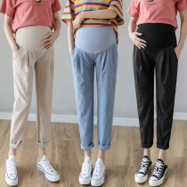 Pregnant Woman Pants Spring Autumn Thin outside wearing long pants Tow belly 90% small leggings High waist cotton linen radish pants loose 100 hitch