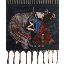 Heavy color painting Girl decoration painting Inn crossing bridge rice thread shop decoration mural handmade soil cloth 77 * 90cm