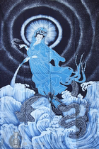 Pure handicraft Miao wax dyeing and painting wall-mounted door curtain batik decoration painting descending dragon Guanyin 90 * 146cm