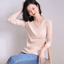 Autumn and winter New Korean version of solid color temperament cross V-neck long sleeve pullover loose waist bottoming sweater top