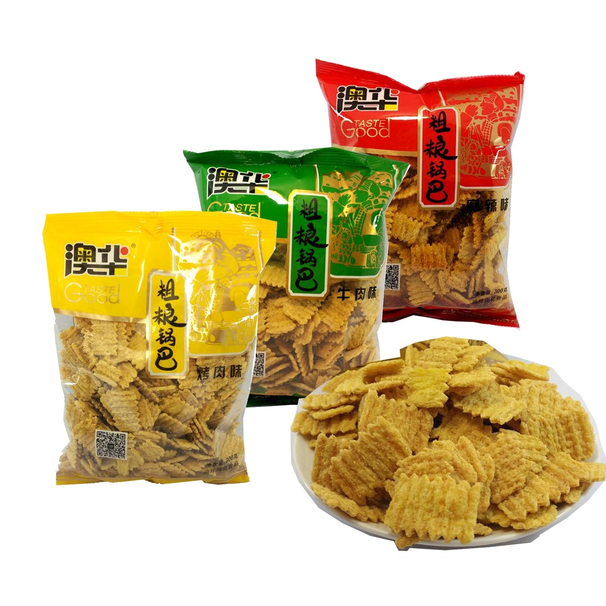 澳华粗粮锅巴烤肉味牛肉味麻辣味300克休闲零食玉米小麦粗粮锅巴