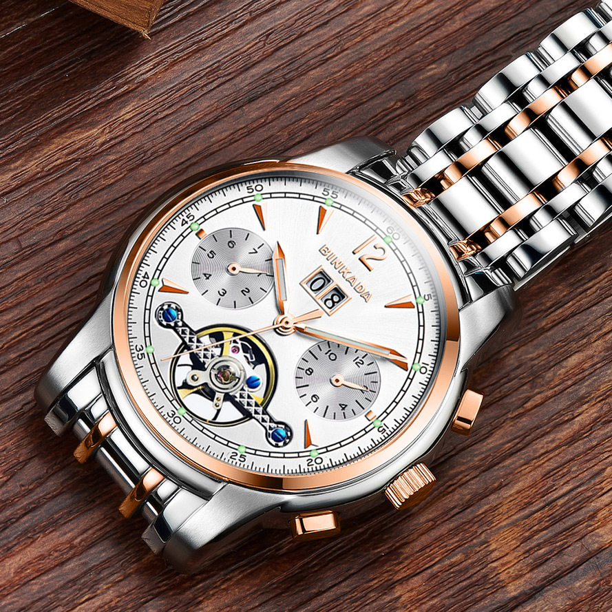 正品宾卡达手表男士全自动机械表时尚夜光镂空飞轮防水精钢带男表