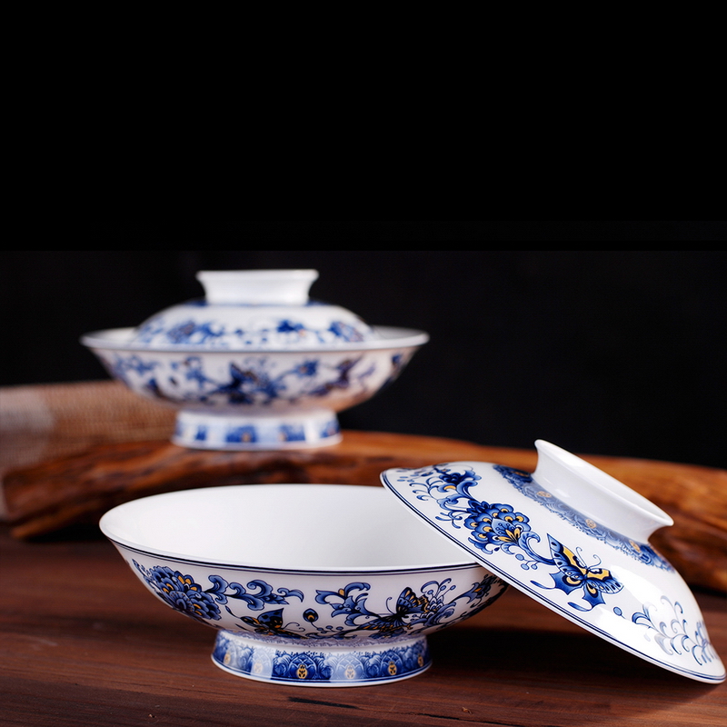 Jingdezhen porcelain, ipads China blue and white peony glair tableware high dishes suit Chinese style household with cover