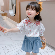 Girls Suit Summer Children floral Western style two-piece set Baby net red doll collar embroidery casual short-sleeved clothes