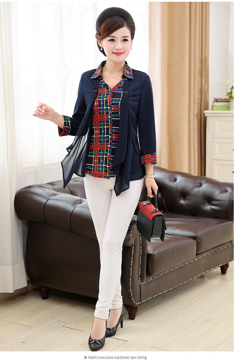 雪夕中老年女装春秋假两件套打底衫妈妈装秋装九分袖时尚衬衫上衣