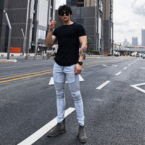 Fitness pants Slim fit Squat stretch jeans Muscle training Dog Brother Summer nine-point tight little feet pants for men