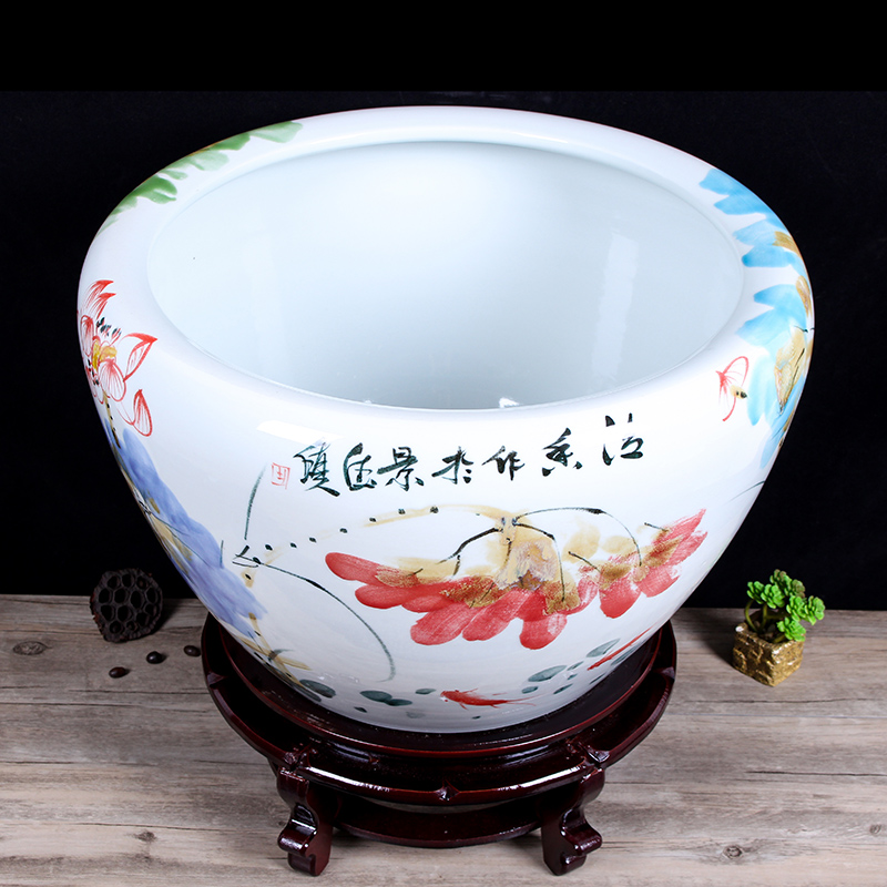 Jingdezhen ceramic aquarium round indoor and is suing goldfish bowl sitting room aquarium water lily lotus painting and calligraphy cylinder