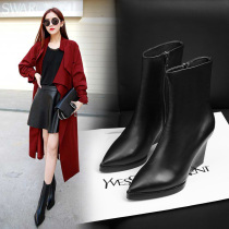 Pointed wedge boots spring and autumn boots medium tube black leather high-heeled thick-soled waterproof platform Martin boots womens British style