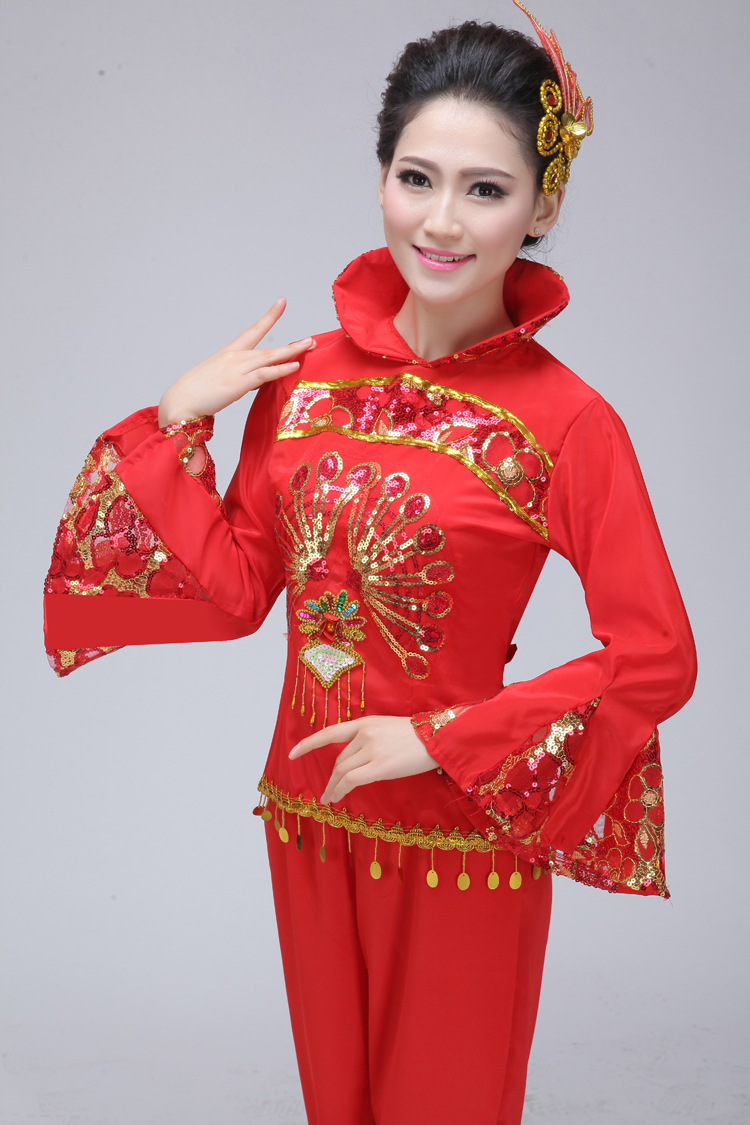 高档2015新款民族舞蹈秧歌服装扇子舞腰鼓演出服长袖中老年秧歌服