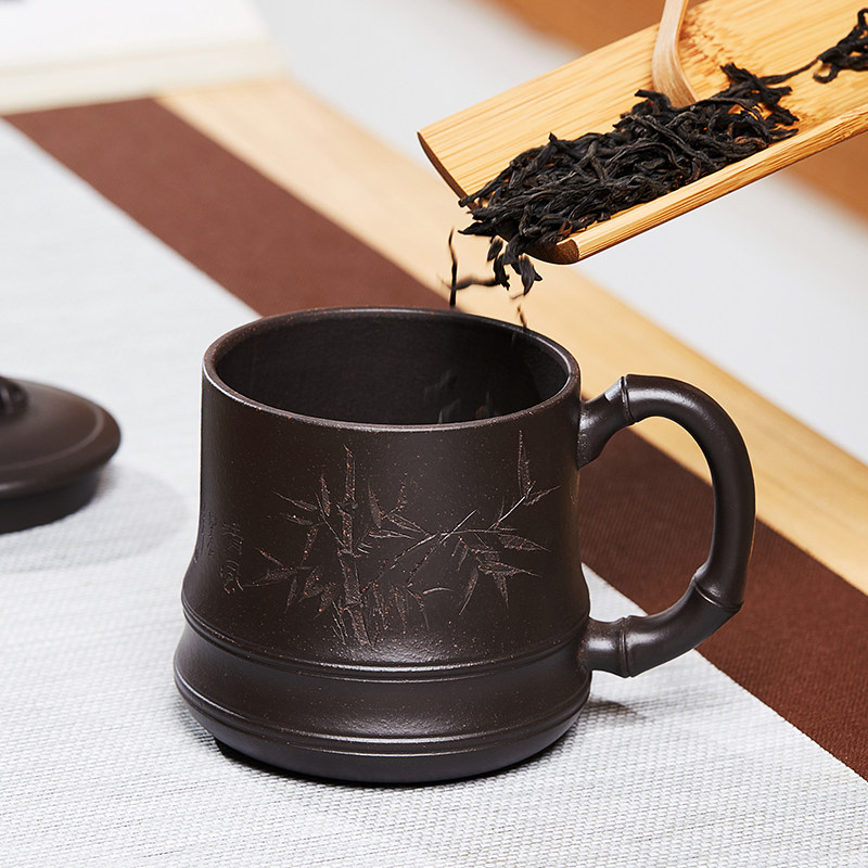 紫砂杯竹节办公盖杯男女大容量带把泡茶杯子陶瓷水杯茶具