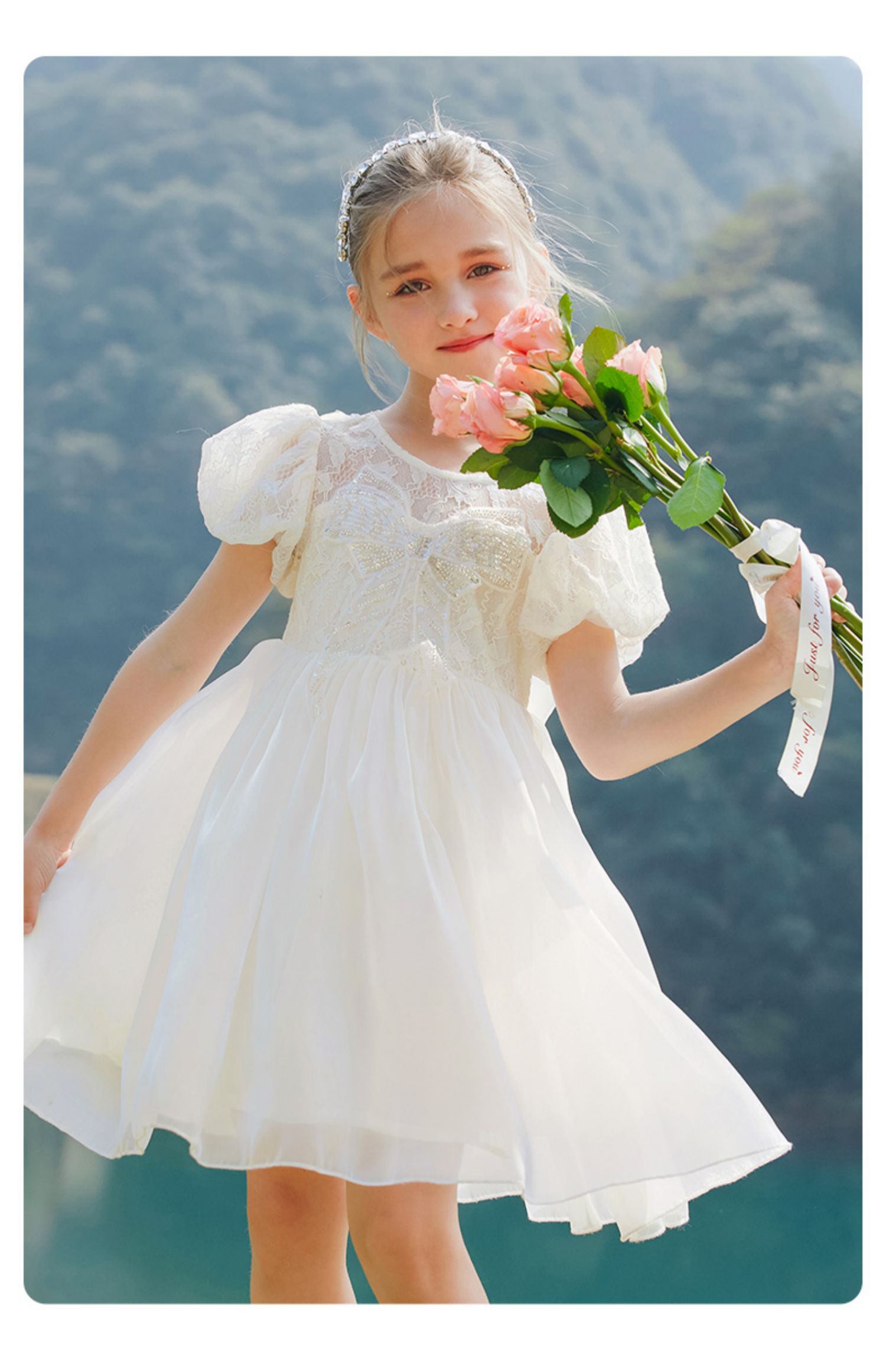 女童花仙子公主裙夏装2023新款儿童洋气白色连衣裙女孩蝴蝶结纱裙