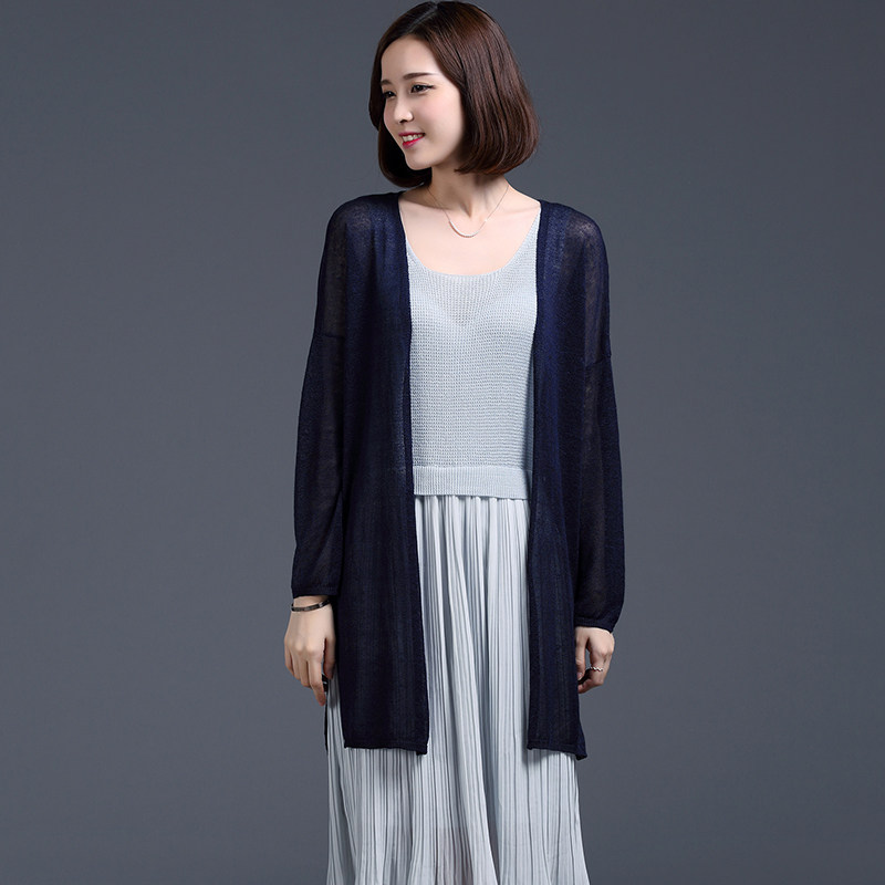 亚麻针织衫女开衫空调衫中长款春秋长袖外搭夏