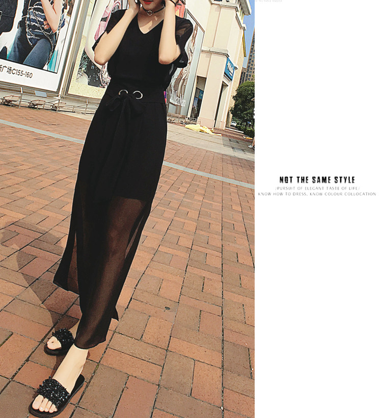 名媛v领长裙2017新款女装修身收腰夏长款连衣