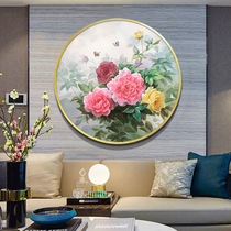 Dafen village hand-painted oil painting hanging painting Modern living room dining room circular mural New Chinese entrance decorative painting Peony painting
