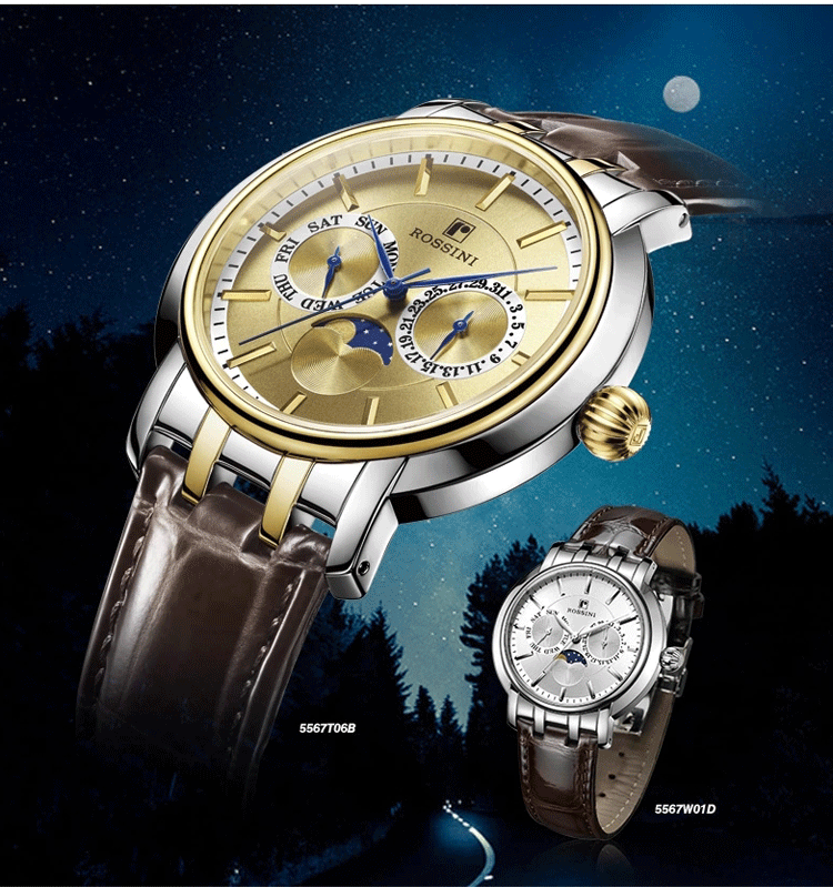 专柜正品罗西尼手表男士皮带月相石英男表5567,5568情侣表联保
