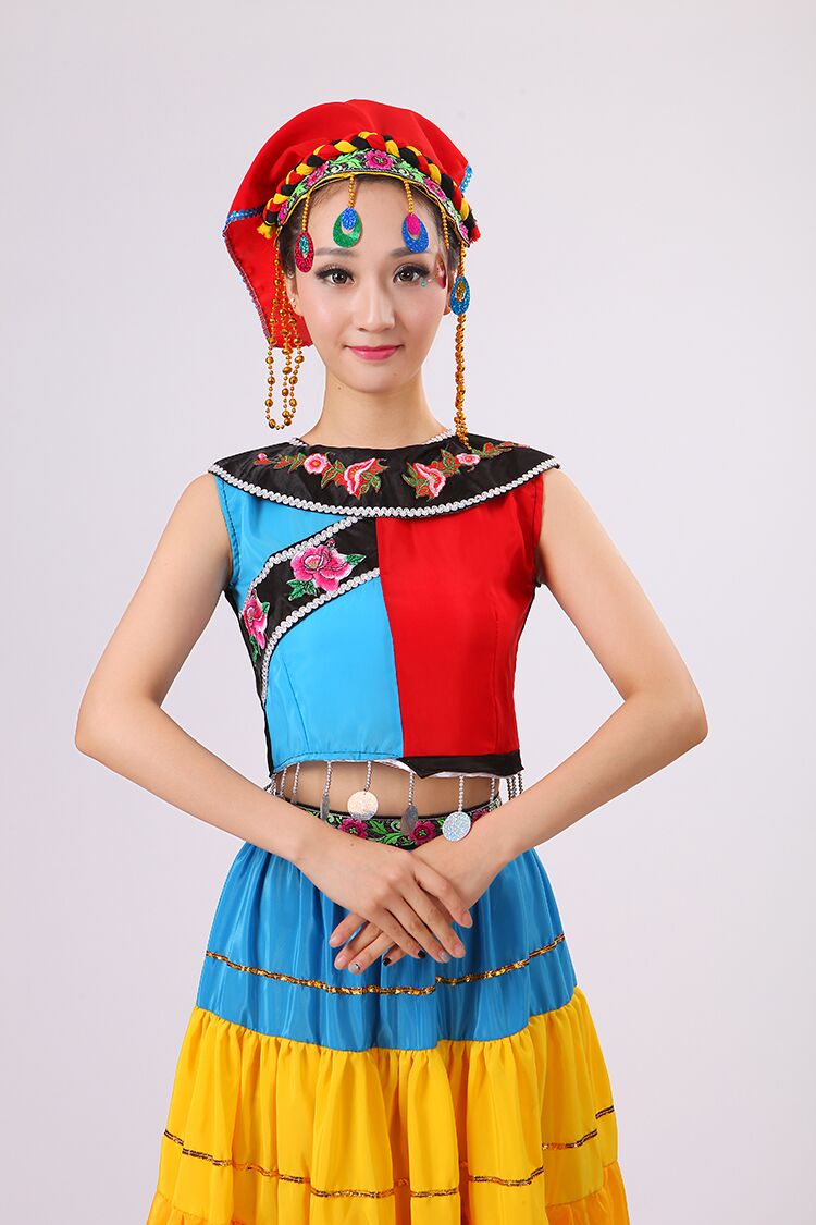 高档彝族服装少数民族舞蹈火把节演出服2016新款七彩大摆裙开场舞