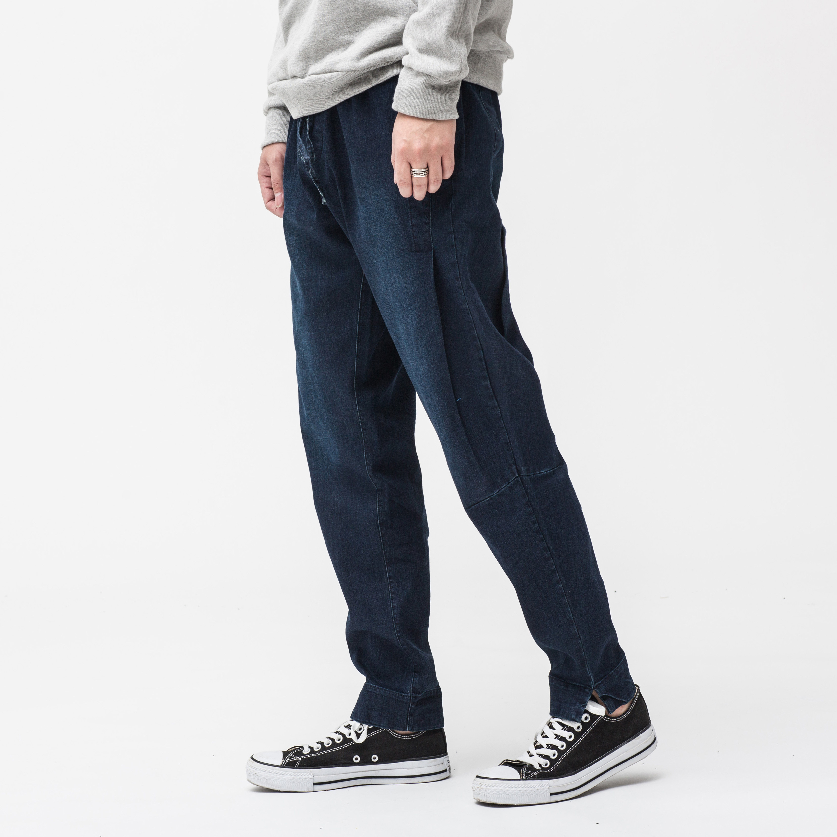 有鲤 秋季新款 中国风牛仔裤长裤男藏青复古男裤纯色松紧腰裤子_不