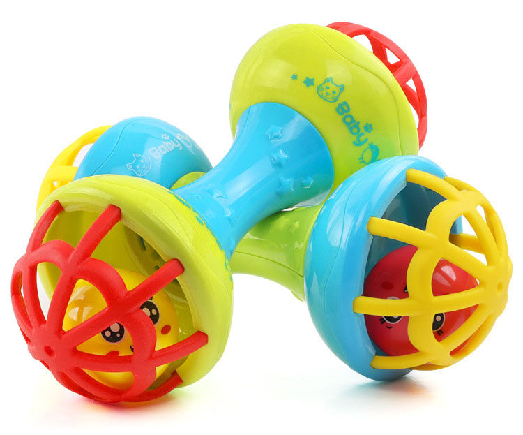 批发宝宝益智双头哑铃软胶手抓球婴儿抓握能力锻炼叮当球摇铃玩具