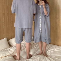 Pure Cotton Cotton Yarn Sleeping Clothes Autumn Womens Spring Autumn Season Korean Edition Lovers Suit Retro Pure Color Loose Casual Long Sleeves Two Sets