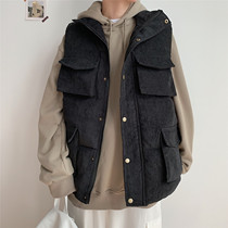 Cotton vest male autumn winter new multi-pocket coat men loose and thick vested in wild shoulder-tripwind