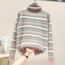 Fashion autumn and winter New loose pile collar striped color sweater women thick warm base shirt