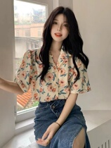 French CosyWell retro small floral short-sleeved snow-spin shirt Ms design sensor shirt summer loose top