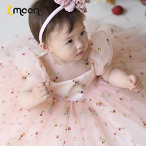 Baby one year old dress female spring and autumn high-end pink flower girl wedding children princess dress puffy gauze