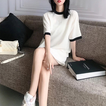 claudie pasey2021 new one-piece dress woman loose short sleeve French style casual straight cylinder white knit dress
