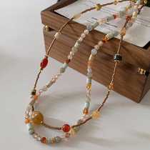 Dunhuang New Chinese Manau Natural Stone Necklace New Year Advanced Sensation Sweater Chain Red Festive National Wind Lock Bone Chain