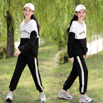 Sports Leisure set junior high school female students spring and autumn college style long sleeve color foreign atmosphere hooded sweater two-piece set