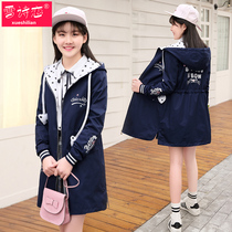 Girl autumn and winter dress polka new product college style long hooded junior high school students plus velvet windbreaker coat
