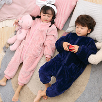 One-piece pajamas childrens winter thickened coral velvet home clothing baby autumn and winter flannel sleeping bag boy girls clothing