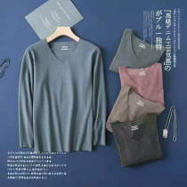 Day single mens autumn and winter V-collar unscented de Velvet thick thermal underwear autumn clothes double-sided velvet slim base long sleeve T-shirt