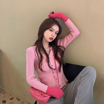 Spring new body Slim Knit Small Cardiovert Thin style Elegant Wind Collider Color Cardiator T-shirt Short V-collar blouse Women