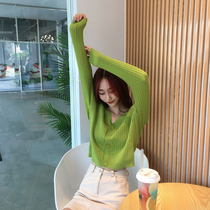 Spring and autumn new Korean temperament v collar with long sleeve cardigan leakage collarbone Joker short sweater jacket women