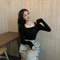 2021 Spring Autumn New Giant LEAN FOREIGN AIR KNIT UNDERSHIRT WOMAN BLACK SQUARE COLLAR COLLARBONE TIGHT INSIDE LAP TOP