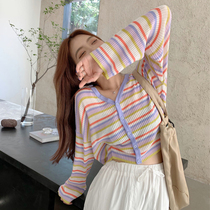 Spring new Korean version Lean Color Striped small cardiovert thin style Elegant Wind T-shirt Short V collar knit blouse Women