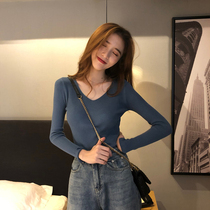Spring and Autumn New Korean Slim V-Neck Knitted Sweater Women's Heart Machine Top Slim Solid Color Long Sleeve Backing Shirt