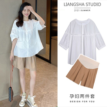 Pregnant woman in summer suit out of 2022 fashion short-sleeved shirt loose top female summer dress summer dress