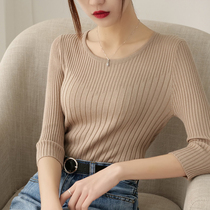  Ice silk sweater womens 2021 spring new round neck bottoming shirt three-point sleeve top thin sweater slim tight