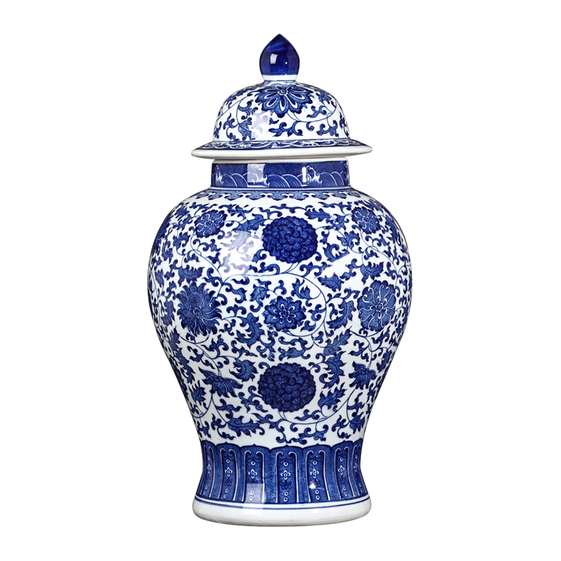 Jingdezhen ceramics general antique blue and white porcelain jar with cover large storage tank Chinese sitting room adornment is placed