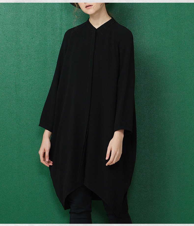 aum噢姆玛丝菲尔2018春装黑色长袖宽松罗纹领中长款女士衬衣上衣