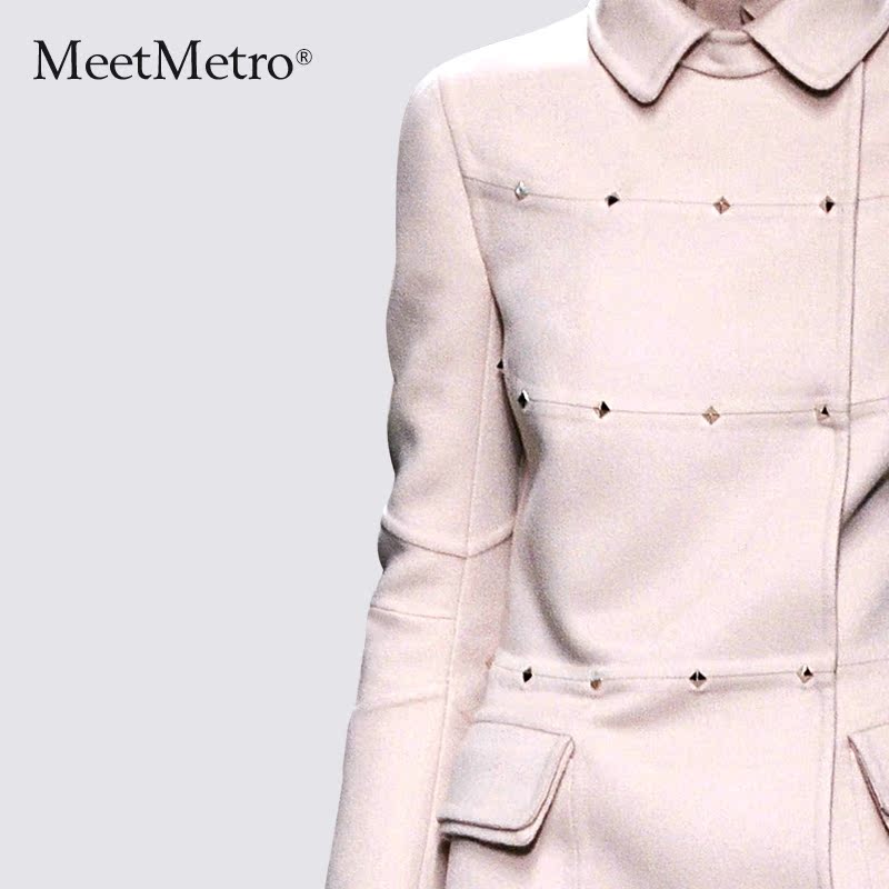 MeetMetro欧美2016秋冬女装呢子大衣女修身中长款粉色毛呢外套产品展示图4