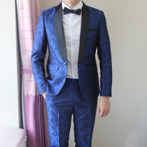 Royal blue high-grade fried street suit men 2021 Autumn New slim embroidery pattern mens suit suit