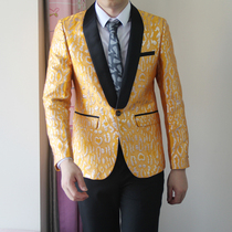 Yellow three-dimensional printed mens suit autumn 2021 fashion slim Korean version of High sense suit design male