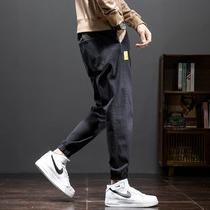 Tide Card Black Tooling Jeans Male Loose Bunch Foot Embroidered Pure Color Minimalist Sports Casual Autumn New Fashion