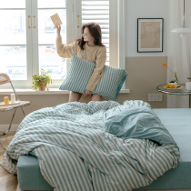 Class A Tianzhu cotton naked sleeping four-piece set 100 cotton simple striped knitted cotton quilt cover sheet fitted sheet pure cotton bedding
