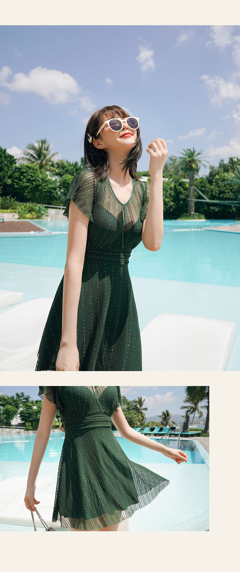 新款连体裙式加大码游泳衣女士平角大小胸聚拢显瘦遮