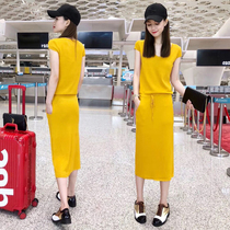 European station summer womens 2022 new European goods trend mid-length skirt slim fashion ice silk knitted dress